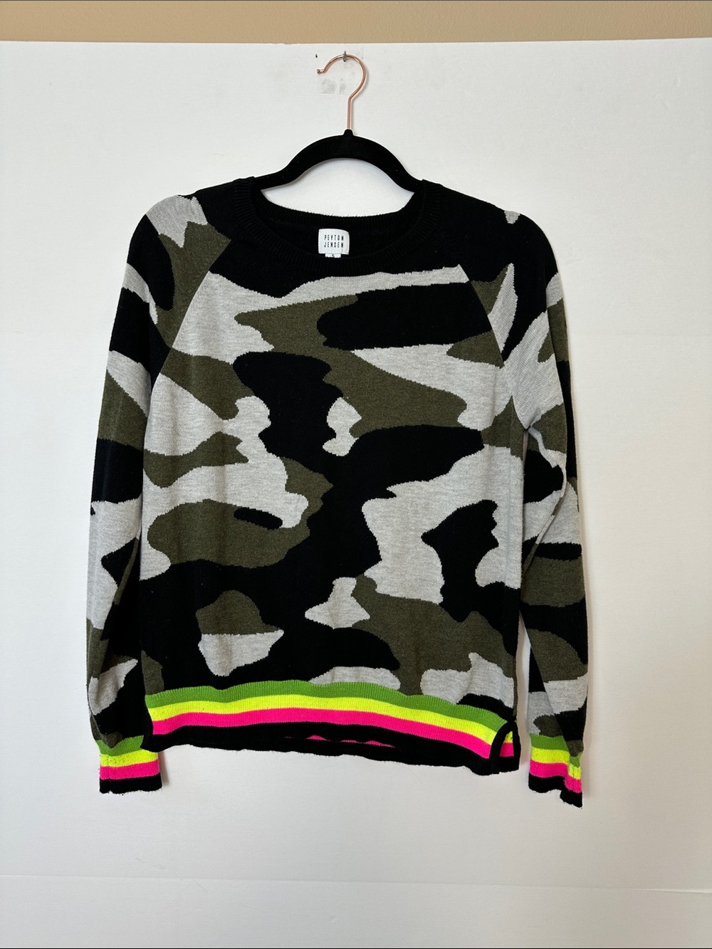 Camouflage Crewneck Sweater with Neon Stripe Hem